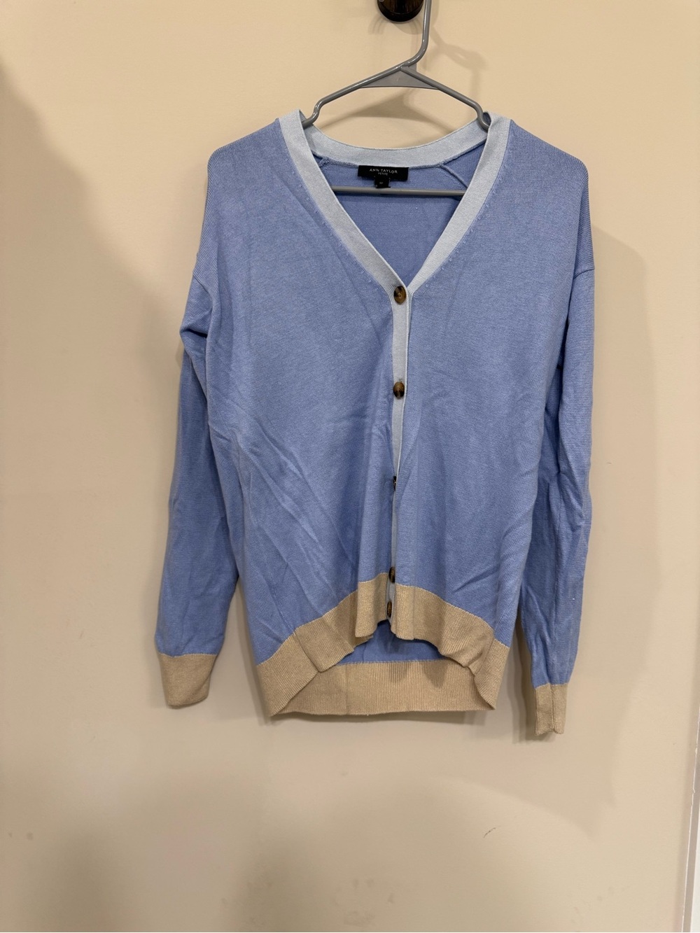 Ann Taylor Light Blue Cardigan with Beige Trim